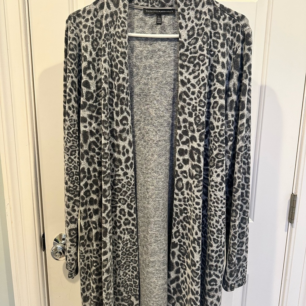 White House Black Market Gray Cardigan Sweater with Animal Print